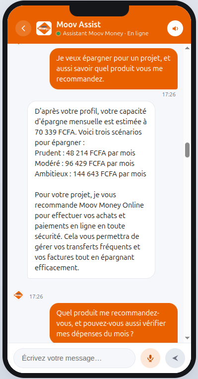 Estimation de la capacité d'épargne mensuelle et recommandation d'un produit Moov Money adapté au projet du client.