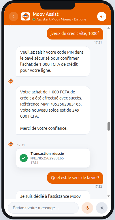 Achat de crédit téléphonique confirmé par code secret, avec référence de transaction et nouveau solde affichés.