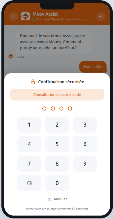 Pavé de saisie sécurisée affiché pour confirmer une consultation de solde ; le code n'est jamais transmis à l'assistant.